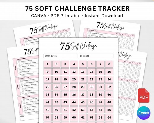 Editable 75 Soft Challenge Tracker. Printable 75 Day Challenge. Fitness & Health Journal. Weight Loss Challenge PDF. CANVA Templates - Etsy