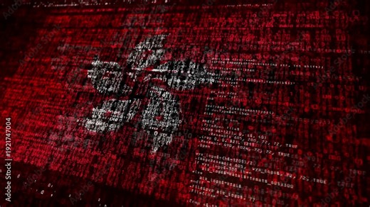 Hong Kong flag waving secure code. China blowing banner cyber security attack and hack concept animation.