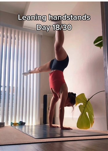 Day 18/30 🤸🏽‍♀️ todays practice focused on shoulder & wrist mobilty and inversion strength: fingertip push ups, push ups, down dog push ups, knee tuck holds, L hold toe taps. Had a really hard time trying to hold a handstand compared to day 15 :P randomly tried straddle jumps into handstand and had some little holds there! :D consistency is 🔑 and I’m excited to see what day 19 brings! 🌈✨ #30DayChallenge #HandstandChallenge #HandstandProgress #Handstand #strength