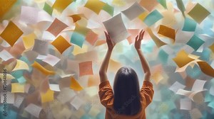 woman catches falling sheets of paper