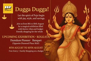 “Dugga Dugga!!! Join us for our upcoming Durga Pujo exhibitions—first in Kolkata from 8th to 10th August at Pioneer Banquet, Dumdum (opposite Diamond Plaza Mall), and then in Siliguri from 21st to 24th August at Kanchanjungha Stadium, in proud collaboration with Dashbhuja Group.. #everyonefollowers #exhibition | DBR , by Sanniti and team. We are fierce.