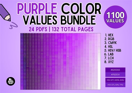 Purple Color Values Bundle: Hex, Rgb, Cmyk, Hsl, Hsv/ Hsb, Lab, Lch, Xyz | Printable Palette Chart, Shade Catalog, Color Swatch Library - Etsy Canada