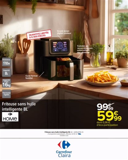 👨‍🍳Airfryer Carrefour Home 8L une puissance de 1700 W et d’une capacité de 1,6kg de frites 💪 Doté d’un grand écran digitale et couleur 🤩 👉A seulement 59€99 au lieu de 99€99 😍 ‼️Attention en quantité limitée #carrefour #carrefourclaira #cartepass #cadeau #airfryer #clubcarrefour #promotion | Carrefour Claira - Perpignan