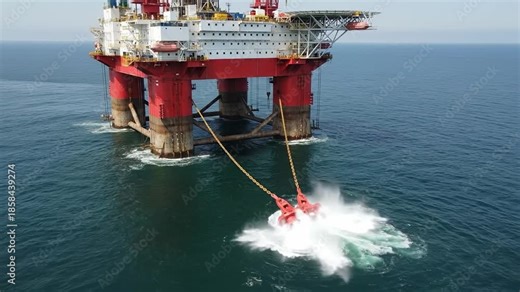 Large offshore oil drilling rig in deep blue ocean waters, featuring strong structural supports and anchoring equipment, surrounded by calm waves and clear skies.