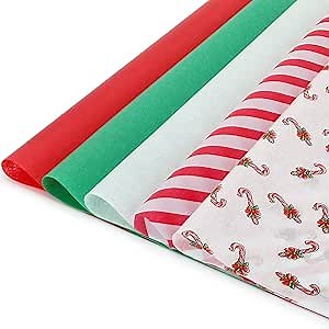 LOADSFUN Christmas Tissue Paper Bulk, 120 Sheets Tissue Paper for Gift Bags | Assorted Design Gift Christmas Wrapping Paper, Red Green White Tissue Paper for Xmas Holiday Crafts (Christmas Candy Canes)