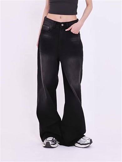 Gdhes Houseกางเกงยีนส์ สไตล์อเมริกัน สีดำเทา ไซส์ S-5XL ความยาว 38.6-41.4 นิ้ว เอวสูง กระบอกใหญ่