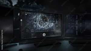 Military radar ai examining the modern city streets for terrorist detection. Military radar ai discovers location of operation target. Military radar ai sends location data to aerial pursuit drone. UI