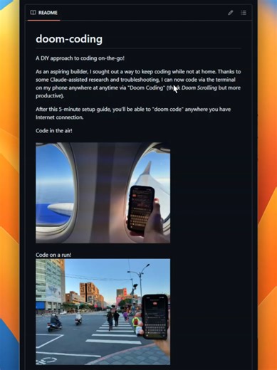 Okay wait — this is actually genius. Doom-Coding is a guide for coding on your phone, anywhere, anytime. Like doom scrolling but productive. The setup? Tailscale VPN, Termius terminal app, Claude Code, and a computer running 24/7 at home. Once configured, you SSH into your machine from your phone and run Claude Code in the terminal. The creator coded prototypes from Taiwan while traveling, built apps at the club, even coded mid-run. #github #opensource