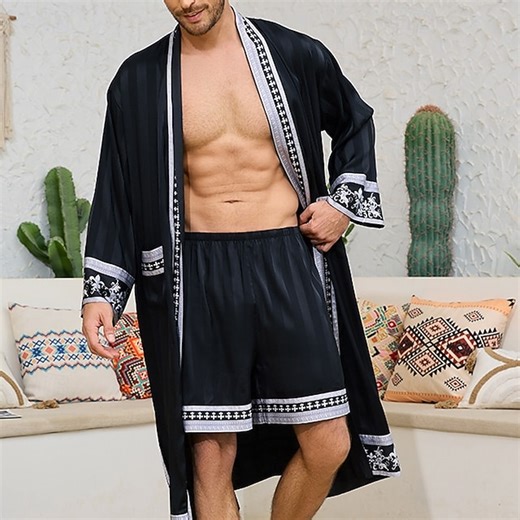 Men's Pajamas Silk Robe Sleepwear Bath Gown Graphic Prints Fashion Stylish Classic Home Daily Bed Polyester Comfort Soft V Neck Long Sleeve Belt Included Spring Fall Black White 2025