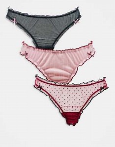 ASOS DESIGN - Lot de 3 strings froncés - Imprimé animal/maille pointelle rose/tulle à pois bordeaux | ASOS