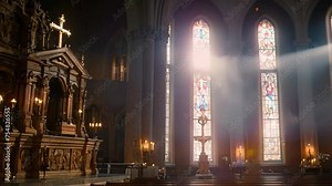 Video animation of interior of a grand, gothic-style cathedral. The atmosphere is serene and illuminated by the ethereal light filtering through the tall, ornate stained glass windows