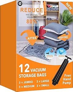 GONGSHI Vacuum Storage Bags, Space Saver Bags for Clothing,Blankets,Comforters, Pillows, Clothes,Travel,12 Combo