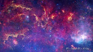 Multiwavelength Milky Way Center Views - Part 1 | NASA Space Telescopes FriendsofNASA.org: The center of the Milky Way Galaxy is located in the direction of the constellation Sagittarius, approximately 27,000 light-years from Earth. Observations using infrared light and X-ray light see through the obscuring dust and reveal the intense activity near the galactic core. The densely packed starfields at our galaxy's center are hidden behind dust clouds and only become visible in infrared light. The 