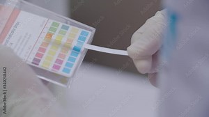 Analytical scientist doing a litmus paper test at a laboratory to test pH level using universal test paper and compares result to the chart. Stock-Video
