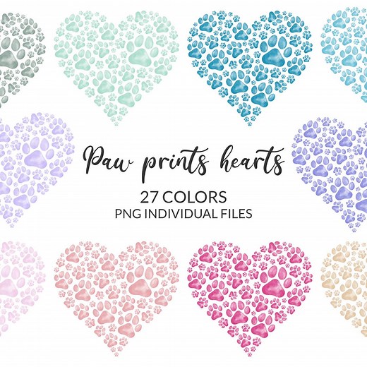 27 Paw Hearts PNG Clipart, Dog & Cat Paw Print in Hearts, Digital Watercolor Paw Print, Rainbow Colors, Instant Download Clip Art - Etsy