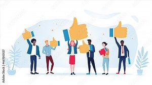 Customer give review rating. Business satisfaction support. Multiracial clients leave positive feedback and waving thumbs up symbols. Animated cartoon concept.