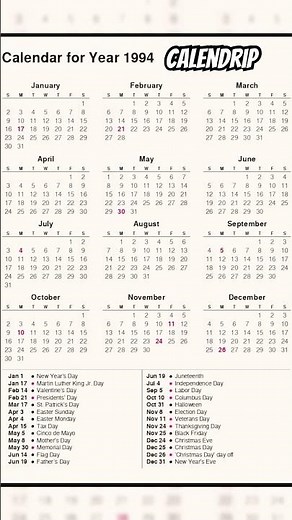 Calendar 1994 #monthsoftheyear
