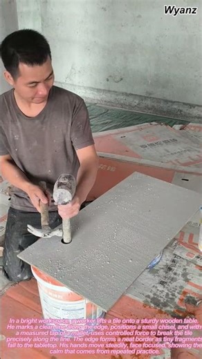 construction site worker chips tile border with skillful tap on table