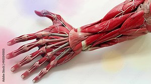 3d illustration of human hand muscle anatomy, human body part.