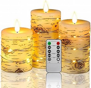 Flameless Candle LED Candles Hand Painted Birch Bark Effect Recessed Light String Candle Set of 3(H4,5,6") Ivory Real Wax Pillar Battery Operated Candles with Dancing LED Flame 10-Key Remote Control