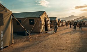 Military tents set up in a training or deployment area.