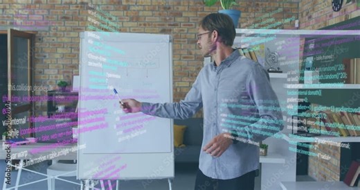 Male presenter pointing at flipchart and initiating animated code overlay, explaining tech flow