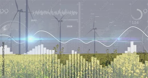 Wind turbines rotating on HUD activation, sine wave drawing, bars rising to show energy output