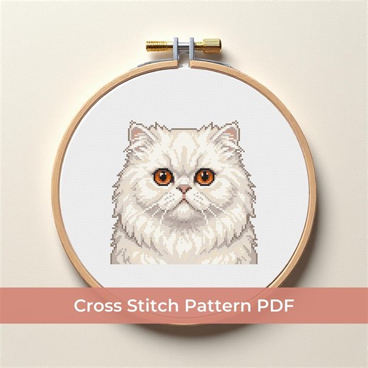 White Persian Cat Cross Stitch Pattern PDF, Fluffy Kitty Embroidery Design, Cute Animal Portrait Needlepoint Chart, Instant Download - Etsy