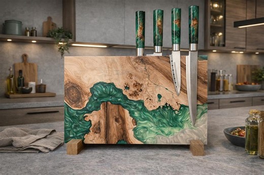 Magnetic Knife Block With Resin River,handmade Live Edge Walnut Wood Knife Stand,unique Kitchen Storage,knife Holder,knife Rack,knife Board - Etsy