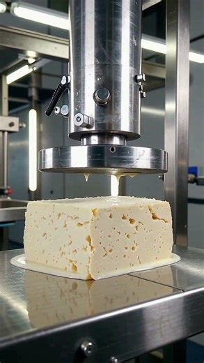 Block of paneer slowly crushed under powerful hydraulic press.
