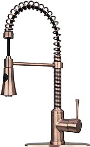 Akicon Pre-Rinse Spring Kitchen Faucet, Single Handle Solid Brass High Arc Pull Down Sprayer Head Kitchen Sink Faucet with Deck Plate (Antique Copper)