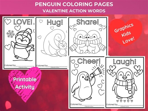 Valentine Penguin Coloring Pages | Action Words Coloring Set | Penguin Valentine Printables | Preschool & Early Elementary - Etsy