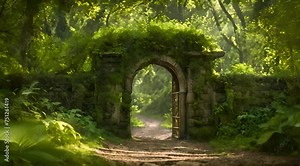 Abstract animation of forest path, arch, passage, ancient building, mystical structure, overgrown area, foliage, trees, pristine architecture, greenery, mystery, unexplored roads. Generative by AI