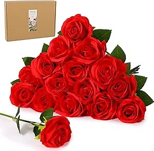 20 PCs Red Roses Artificial Silk Flowers, 4’’Big Flower Head Artificial Roses with Long Stems, Realistic Fake Roses Bulk for Home Wedding Bouquet Arrangements Party Decoration