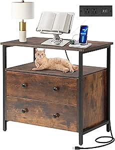 Edbuosy 27 inch Wide Night Stand with Charging Station, Bedside Table with Open Shelf, 2 Drawers Small Wood Dresser, Modern Wood Nightstand for Bedroom/Living Room (Rustic Brown)