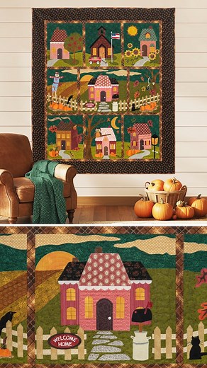 Simple but beautiful embroidery and embellishments add an extra special touch to our Welcome Home In Autumn Block of the Month! Learn more: https://www.shabbyfabrics.com/p181778 | Shabby Fabrics