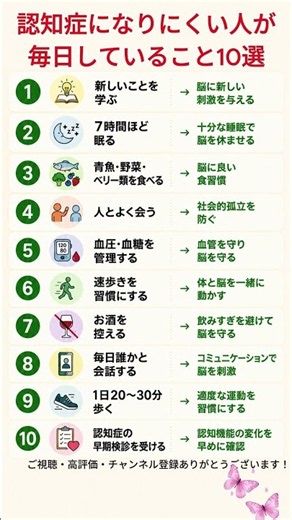 認知症になりにくい人が毎日していること10選 #認知症 #認知症予防 #脳の健康 #脳活 #健康習慣 #健康知識 #シニア健康 #健康寿命 #ウォーキング #睡眠 #食生活 #生活習慣 #Shorts