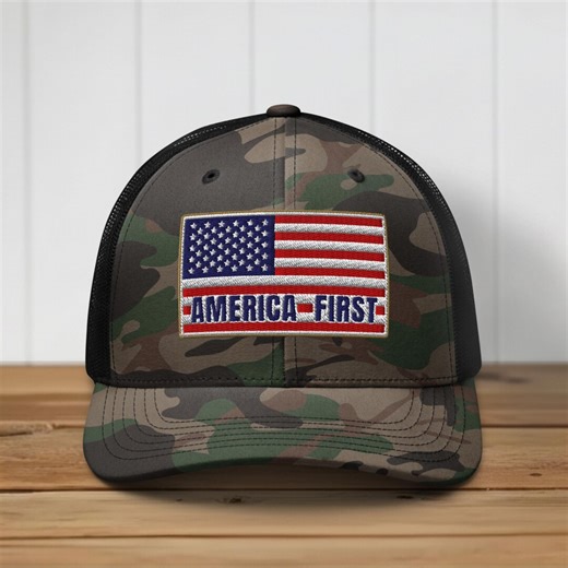 America First Embroidered Camo Trucker Hat, USA Flag Red, White, and Blue - Etsy