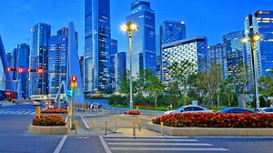 Traffic lights and towers at night in China