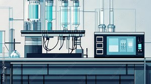 A laboratory machine in a sterile environment, with tubes and beakers filled with clear liquid