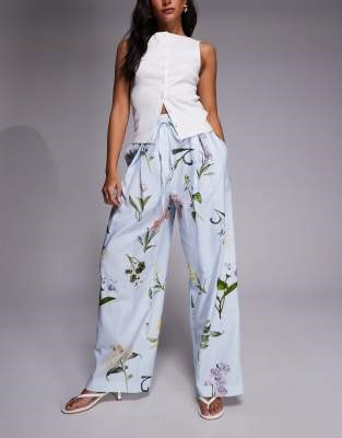 River Island linen floral wide leg trousers in light blue | ASOS