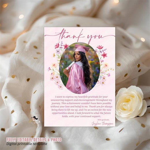 Pink Wildflower Graduation Thank You Card, Senior Grad Party Thank You With Photo Note, Birthday Thank You Cards, Digital Printable Template - Etsy