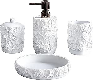 Hymmah Bathroom Accessories Set,Rose Design Bathroom Set,Farmhouse Bathroom Decor,4 Pcs Resin Gift Set Apartment Necessities, Contain Cotton Swab Jar,Soap Dispenser,Soap Dish,Tumbler White