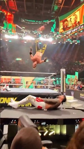 THIS VIEW OF LOGAN PAUL’S INSANE SPRINGBOARD MOONSAULT ONTO THE TABLE!!!!🤯 #WWE #MITB