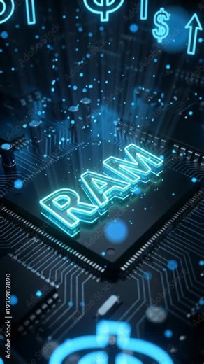 Glowing RAM text on a microchip with circuit traces, computer memory concept, AI infrastructure demand, market shortage.