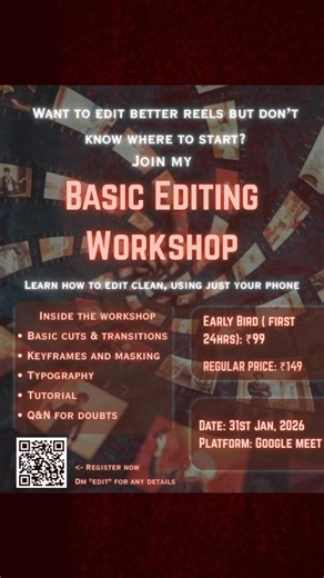 Akshita | Mixed Media Artist on Instagram: "I know how confusing editing feels in the beginning. I’ve been there too..... So I planned to conduct a beginner-friendly session to help you edit clean and aesthetic reels with ease. DM “EDIT” to know more details 🫶✨ . . . #explorepage #workshop #instagram #viral #trending (Video editing, creator, content, workshop, basic editing, live session, editor, artist, edits, basics, learn)"