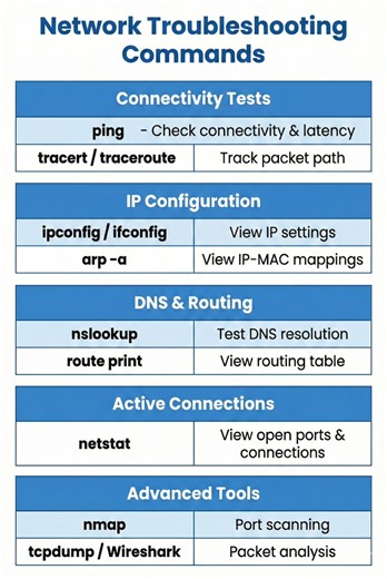 💻 Master the art of network troubleshooting! 🚀 From connectivity tests to advanced tools, these commands are your go-to for diagnosing and fixing network issues like a pro. 🔍✨ Which command do you use the most? Comment below! 👇 #NetworkTroubleshooting #TechTips #NetworkingBasics #ITSupport #SysAdminLife #TechReels #NetworkEngineer #TroubleshootingMadeEasy #TechEducation #LearnNetworking | Tech Whiz Ajith