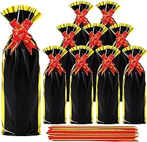 Teling 100 Pcs Wine Gift Bags for Bottles Cellophane Black Gold Foil Wine Bag Cover with 50 Pcs Red Pull Bows for Christmas Holiday Birthday Party