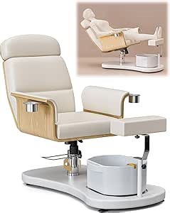 OKAKOPA Pedicure Chair No Plumbing, Ergonomic Portable Pedicure Station Unit for Nail Teach, 360 Rotation Reclining Lift Foot Spa Chair with Foot Basin, Off-White