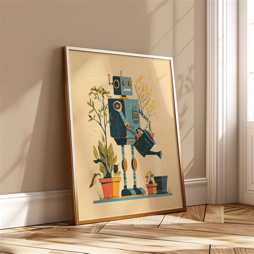 Robot Plant Care Poster – Cute Gardening Bot Art – Minimal Botanical Illustration – Modern Nature Wall Decor - Etsy